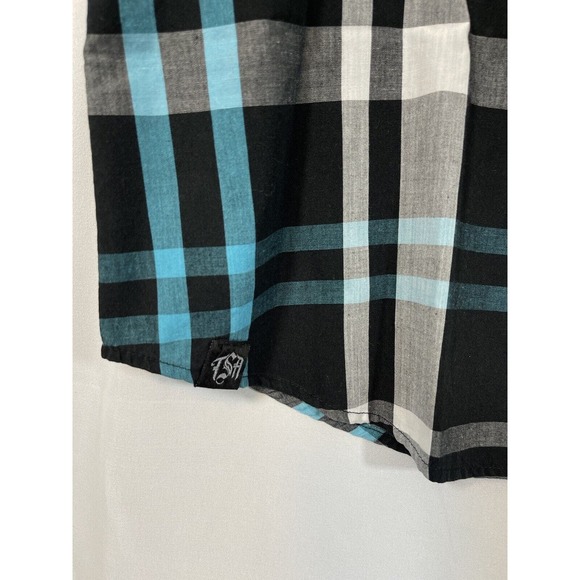 MX Republic Mens Button Up Short Sleeve Shirt White Blue Black Plaid Size Large - Picture 3 of 7